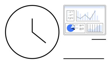 Saat simgesi, veri tabloları ve analitik gösterge paneliyle eşleştirilmiş zaman yönetimini sembolize eder. Üretkenlik, iş akışı, planlama, iş stratejisi, verimlilik, performans takibi, basit iniş için ideal