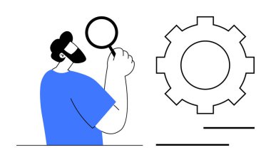 Kişi, vites simgesini büyüteçle inceler, işlem, mekanik ve çözümleri iletir. Analiz, problem çözme, araştırma, süreç optimizasyonu ve teknoloji için ideal