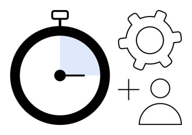 Vurgulanmış zaman dilimi, teçhizat ve kullanıcı simgesi artı elementleri bağlayan simge içeren kronometre. İş akışı, planlama, işbirliği, verimlilik, yönetim stratejisi verimliliği için ideal. Düz basit