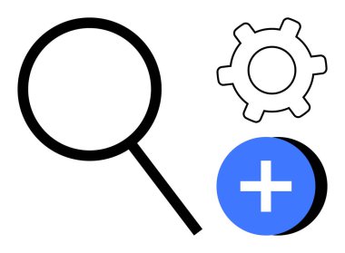 Büyüteç, vites ve mavi artı işareti arama, ayar ve ek kavramlar. Teknoloji, analiz, kişiselleştirme büyüme kullanılabilirliği yeniliği için idealdir. Basit düz metafor