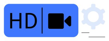 Bir kamera simgesinin yanında HD metin, mavi arkaplan üzerinde dikey bir çizgi ile ayrılmış, soluk vites ayarlarını temsil eden bir donanım eşliğinde. Medya, kalite, teknoloji, video üretimi ve hareket için ideal