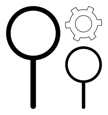 Arama, analiz, yenilik, süreç iyileştirme ve optimizasyonu sembolize eden bir dişlinin yanında farklı boyutlarda büyüteç. Temalar için ideal araştırma, teknoloji ve basit bir