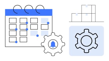 Bildirimleri, ayarları ve planlama, otomasyon, lojistik ve optimizasyonu sembolize eden kutuları içeren takvim ızgarası. Üretkenlik, görev yönetimi, işletim ekibi çalışması için ideal