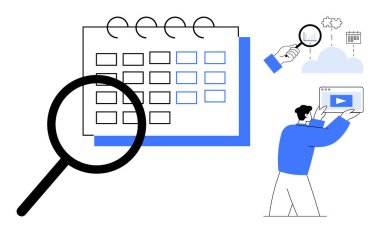 Takvim üzerinde büyüteç, el incelemesi bulut verileri ve video erişimi için tablet kullanan kişi. Analiz, organizasyon, araştırma, programlama, eğitim, üretkenlik için ideal basit bir iniş