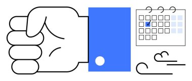 Kontrol edilen takvimin yanında sıkıca tutulan el odaklanma, kararlılık, görev tamamlama ve zaman yönetimini vurgular. Hedef belirleme, teslim tarihi, üretkenlik, organizasyon, planlama ve motivasyon için ideal