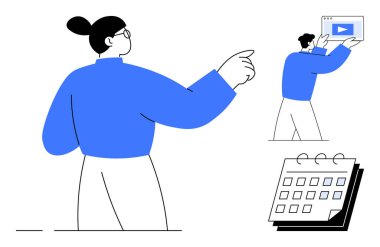 Profesyonel tartışmacı video içeriği, medya dosyasını tutan ekip üyesi ve takvim nesnesi. Takım çalışması, zamanlama, üretkenlik, yaratıcı süreç, işbirliği aracı, iş akışı yönetimi için ideal