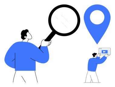 Büyük büyüteç ve mavi coğrafi işaretleyici ile video içeriğini aramak için bir cihaz tutuyor. Arama, keşif, navigasyon, video, konum hizmetleri, teknoloji için ideal