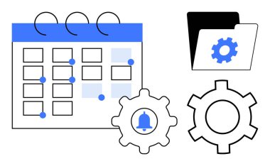 Olay bildirimlerini gösteren takvim, ayar sembollü dizin ve planlama, görev otomasyonu ve üretkenlik iletim vitesleri. Zamanlama, iş akışı, organizasyon ve proje planlaması için ideal