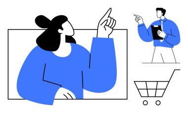 Odaklanmış bir şekilde el kol hareketi yapan bir kadın, elinde pano tutan bir adam alışveriş arabasının yanında duruyor. Takım çalışması, liderlik, çevrimiçi alışveriş, karar verme, müşteri hizmetleri, iş, iletişim için ideal