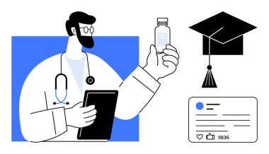 Doktor ilaç şişesini inceliyor, elinde bir tablet var. Bitişik mezuniyet şapkası ve sosyal medya kartı. Sağlık, eğitim, dijital yenilik, sosyal medya, kariyer büyümesi, çevrimiçi öğrenim için ideal
