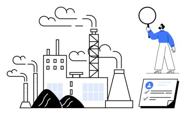 Bacalı duman yayan fabrika, elinde büyüteç tutan bir işçi, kontrol listesi belgesi. Sanayi, kirlilik, çevresel etki, teftiş, enerji üretimi, işyeri güvenliği için ideal