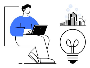 Dizüstü bilgisayarla çalışan, yenilenebilir enerji kaynakları olan çevre dostu bir şehir. Yeniliği simgeleyen bir ampul. Teknoloji için ideal, sürdürülebilirlik, yaratıcı düşünce, yeşil enerji, akıllı çözümler