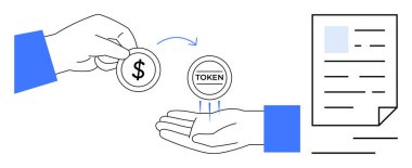 Belge illüstrasyonuyla dijital jetonla el değiştirerek. Engelleme zinciri, kripto para, finans, dijital ödeme, jeton değişimi, fintech, akıllı sözleşme için ideal. Düz basit metafor