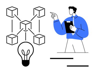 Pano tutan adam ağ küpleri ve parlayan ampullerle blok zinciri kavramını açıklıyor. Teknoloji, yenilik, engelleme zinciri, takım çalışması, problem çözme, liderlik, eğitim için ideal. Düz