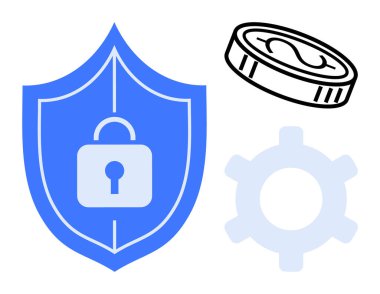 Merkezi kilidi olan mavi bir kalkan dolar işareti olan bir sikke ve korunmayı, parayı ve operasyonel verimliliği simgeleyen bir vites. Çevrimiçi güvenlik, finans, teknoloji ve veri yönetimi için ideal