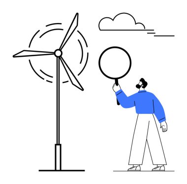 Elinde büyüteç tutan adam rüzgar türbinini değerlendiriyor, temiz enerjiyi, yeniliği ve sürdürülebilirliği vurguluyor. Yenilenebilir enerji, çevre çalışmaları, yeşil teknoloji, doğa ve bilim için ideal
