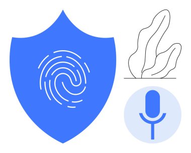Üzerinde parmak izi olan mavi bir kalkan, dairesel çerçeveli bir mikrofon ikonu, soyut bitki çizgisi sanatı. Siber güvenlik, kimlik doğrulama, biyometrik, ses araması, teknoloji, gizlilik koruması için ideal