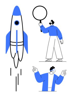 Roket yukarı doğru fırlatılıyor, büyüteçle adam detayları inceliyor, bir diğeri de ileriye bakıyor. Başlangıç, takım çalışması, yenilik, keşif, hedef belirleme, başarı stratejisi basit iniş sayfası için ideal