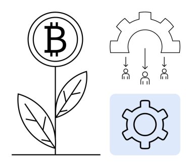 Bitcoin sembolü bitki olarak büyüyor, kullanıcıları birbirine bağlayan oklu dişliler, standalon dişliler. Finans, takım çalışması, ademi merkeziyet, teknoloji, kripto para birimi, yenilik için basit bir iniş sayfası