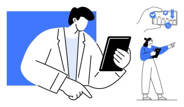 Kadın ve erkek karakterler tabletleri tutuyor, verileri analiz ediyorlar. El gösterimi sosyal medya anlayışı. Teknoloji, takım çalışması, iş stratejisi, pazar eğilimleri, yenilik, dijital pazarlama için ideal