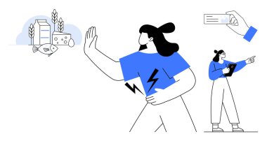 Kadın karnını tutarken süt ürünlerine, balıklara ve buğdaya hayır diyor. Tabletli danışman tavsiye veriyor. Sağlık farkındalığı, gıda alerjisi, diyet planlaması, sağlık ve beslenme için ideal