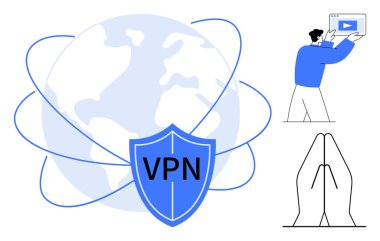 Dünyanın her yerinde VPN etiketli bir kalkan. Bağlantı hatları var. Adam ekranı izliyor. Güvenlik, gizlilik, koruma, yayın, dünya çapında erişim, teknoloji, basit iniş sayfası için ideal