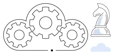 Bulut şeklindeki birbirine bağlı vitesler bir satranç şövalyesi ikonu ile eşleştirildi. Strateji, yenilik, bulut hesaplama, takım çalışması, planlama, verimlilik ve karar verme için ideal. Düz basit metafor