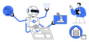 Yapay zeka robotları kanun, sağlık, otomasyon ve lojistik işlerini elinde rapor tutan bir kişinin yanında yürütüyor. Yapay zeka, teknoloji, optimizasyon, sağlık, robotik endüstrisi için ideal