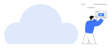 Dijital depolamayı ve paylaşmayı sembolize eden büyük bir buluta doğru bir çalma düğmesi taşıyan bir ekran. Bulut bilgisayarı, video sunucu, veri güvenliği, içerik yönetimi ve teknoloji için ideal