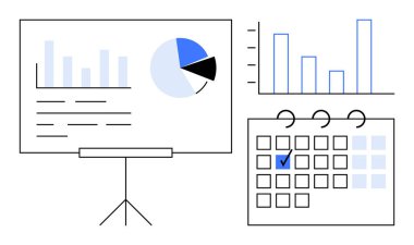 Projektör ekranında çubuk grafik ve pasta grafiği gösterilir. Bitişik segmentli takvim anahtar tarihini vurgular. Veri görselleştirme, planlama, analitik, iş stratejisi, zaman yönetimi, raporlama için ideal