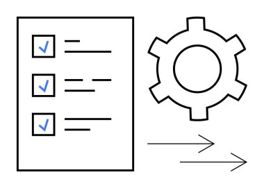 Görevlerin yanında mavi işaretli kontrol listesi ve oklu bir dişli sembolü. Proje yönetimi, üretkenlik, süreç optimizasyonu, iş akışı, görev planlaması, organizasyon, basit iniş sayfası için ideal