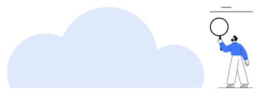 Büyüteç kullanarak büyük bulutları analiz eden kişi bulut depolama, yenilik ve teknolojiyi sembolize ediyor. Veri analizi, bulut hesaplaması, araştırma, keşif, eğitim bilişim hizmetleri için ideal