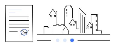 Şehir siluetinin yanında çeşitli binaların bulunduğu imzalı bir belge. Gayrimenkul, sözleşmeler, kentsel planlama, işletme, emlak yönetimi, mimari, hukuk hizmetleri için ideal