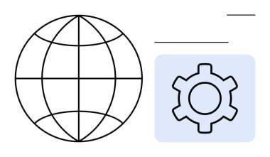 Enlem ve boylam çizgileri olan bir dünya mavi bir karenin içindeki bir dişlinin yanında. Teknoloji, ağ oluşturma, küresel erişim, dijital çözümler, yazılım kurulumu, iletişim, basit iniş sayfası için ideal