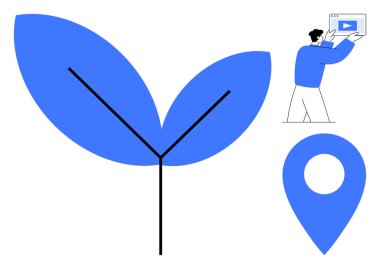 Büyümeyi sembolize eden büyük mavi yaprak, öğrenmeyi işaret eden video ekranı tutan kişi ve bir lokasyon rozeti. Çevre, eğitim, pazarlama, yaratıcılık, teknoloji, navigasyon için ideal basit