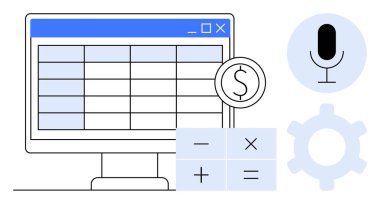 Ekranda bir hesap tablosu, para birimi sembolü, hesap makinesi düğmeleri, mikrofon ve ayarlar görünüyor. Finans, bütçe ve planlama analizi otomasyon akışı için idealdir. Düz basit