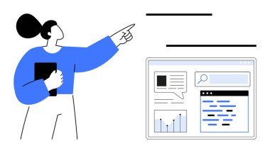Tablet tutan kadın figürü, web arayüzü görüntüleme grafikleri, metin alanları ve arama çubuğuna işaret ediyor. Eğitim, iş eğitimi, analiz, strateji, internet ekip çalışması için ideal
