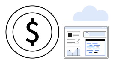 Tarayıcı penceresinin yanındaki dolar işareti bulutun altında grafikler, arama çubuğu ve metin gösteriyor. Finans teknolojisi, veri görselleştirme, çevrimiçi iş, fintech ürünleri, e-ticaret anlayışı, bulut kullanımı için ideal