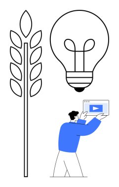 Tablet üzerinde, ampul ve buğdayın yanındaki dijital video ile etkileşime giren bir adam. Teknoloji, sürdürülebilirlik, yenilik, eğitim, çevre dostu çözümler, tarım, basit