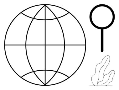 Boylam ve enlemli dünya çizgisi, büyüteç, soyut bitki formu. Araştırma, teknoloji, coğrafya, keşif, yenilik, öğrenme araçları için ideal basit iniş sayfası