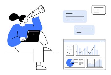 Teleskop, konuşma baloncukları ve veri tabloları kullanarak analitik analiz yapan bir kadın. Analiz, strateji, araştırma, yenilik, büyüme, teknoloji için ideal basit iniş sayfası