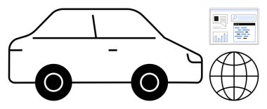 Bir küre ve veri ve arama elemanlarıyla birlikte bir de dijital gösterge paneli. Teknoloji için ideal, otomotiv yeniliği, hareketlilik, bağlantı, ağ, ticaret, basit iniş sayfası