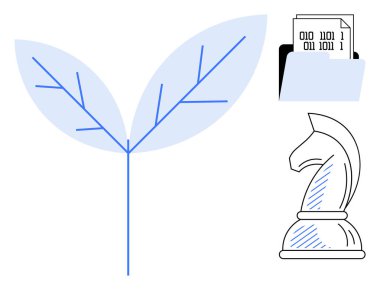 Büyümeyi sembolize eden dallı yapraklar, teknoloji için ikili veri içeren dosya klasörü, strateji için satranç şövalyesi. Yenilik için ideal, sürdürülebilirlik, analiz, karar verme, planlama, denge