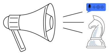 Ses dalgalarını yansıtan megafon ve satranç şövalyesine ses giriş ikonu, stratejiyi sembolize eden iletişim, liderlik, yenilik, karar verme, dijital dönüşüm, takım çalışması. Düz basit