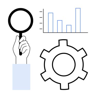 Çubuk çizelgesinin ve teçhizatın yanında büyüteç, analizi, optimizasyonu ve problem çözmeyi sembolize eden bir el. Takım çalışması, araştırma, strateji, veri, iş büyümesi için ideal basit iniş sayfası