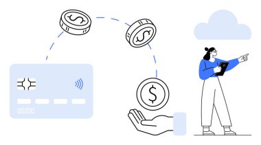 Kredi kartı, madeni paralar, el parası ve kusursuz para transferini gösteren tableti tutan kişi. Fintech, bankacılık, nakit ödeme, finans, bütçe teknolojisi için idealdir.