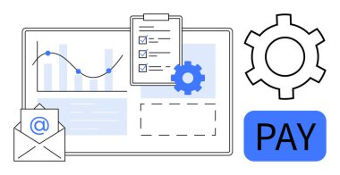 Yükselen grafikli çizelge, panoda görev listesi, zarflar, teçhizat ve ödeme düğmesi. Çalışma akışı, analitik, finans, e-posta otomasyon teknolojisi için ideal basit iniş sayfası