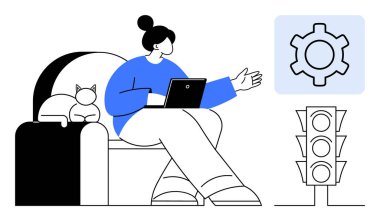 Dizüstü bilgisayar kullanırken el kol hareketi yapan bir kadın, yakınlarda oturan bir kedi, trafik ışığı ve vites simgesi. Teknoloji, ayar, analiz, iletişim, iş akışı optimizasyonu için ideal basit iniş sayfası