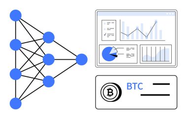 Bir torpido gözünde birbirine bağlı düğümler, veri analiz grafikleri ve şifreli para birimi Bitcoin etiketi olan sinir ağı diyagramı. Yapay zeka, finans, engelleme zinciri, ticaret, analitik, teknoloji sade iniş için ideal