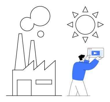 Bacaları duman çıkaran bir fabrika, güneş enerjisini sembolize eden büyük bir güneş, dijital ekran tutan bir insan. Sürdürülebilirlik, yenilenebilir enerji, yenilik, temiz çevre ve teknoloji için ideal